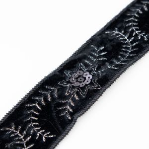 Velvet ribbon with silver embroidery 45 mm / Black