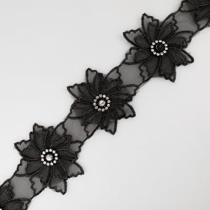 Beautiful Floral ribbon with rhinestones / Black