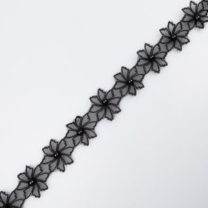 Flower trim with pearls 30 mm / Black