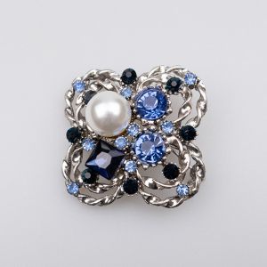 Brooch / Crystal flower / blue and silver