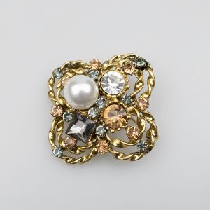 Brooch / Crystal flower / grey and gold