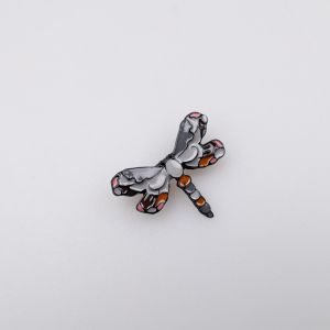 Brooch / Ceramic dragonfly / grey-orange