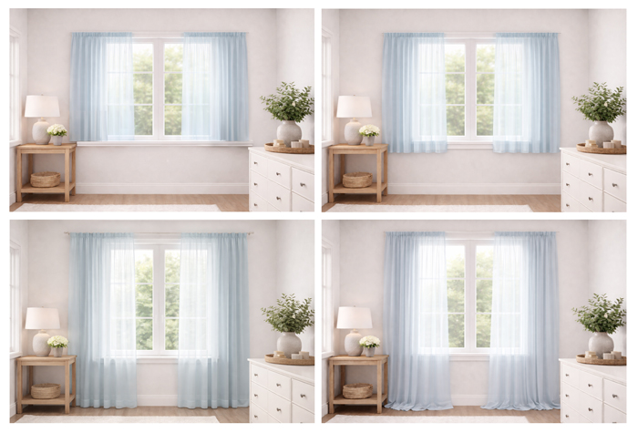 Kardina pikkuste võrdlus: aknalauani, allapoole aknalauda, põrandani ja põrandale langev