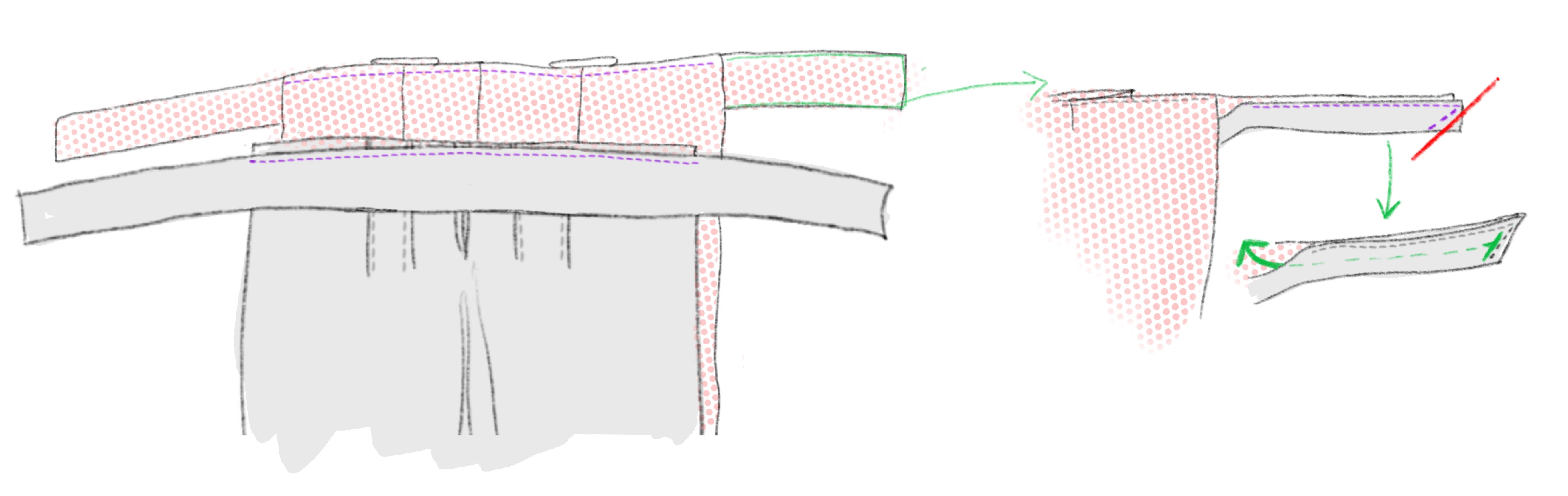 Прошивка концов пояса под углом.