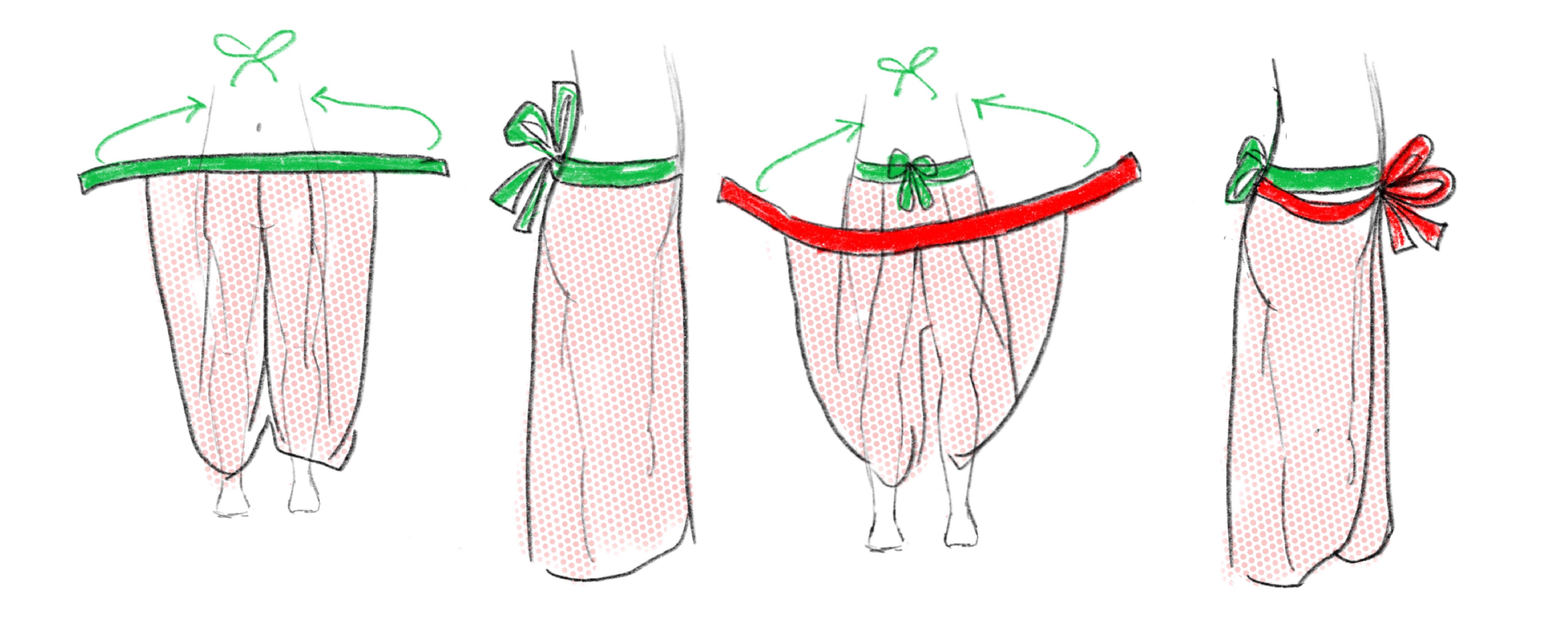 Готовые штаны на завязках в носке – завязаны спереди и сзади.